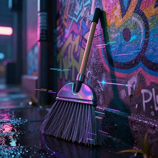 Photograph of a neon-lit, metallic-bristle broom leaning against a colorful, graffiti-covered wall with vibrant purple, blue, and pink hues