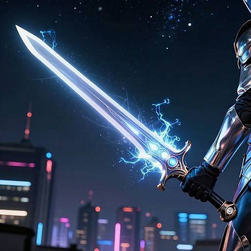 Photograph of a glowing, electric blue sword with lightning effects, held by a robotic arm in a futuristic cityscape at night.
