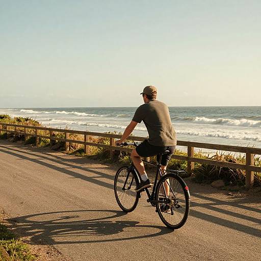 Photograph of a man in a gray shirt and cap, riding a black bicycle along a sunlit coastal path with ocean waves in the background.