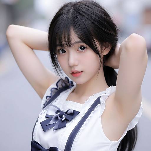 Photograph of a young Asian woman with black hair in a ponytail, wearing a white frilled dress with black ribbon accents, arms raised, softly