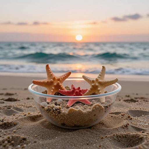 Photograph of a glass bowl with two starfish and a red starfish on sandy beach, ocean waves in background, sunset sky.