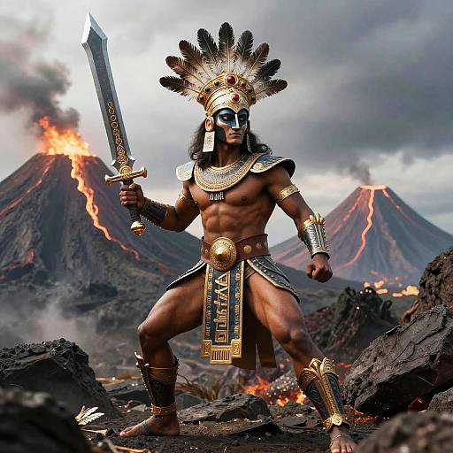 Digital artwork of a muscular, dark-skinned warrior in Aztec-style armor, holding a sword, with erupting volcanoes in the background.