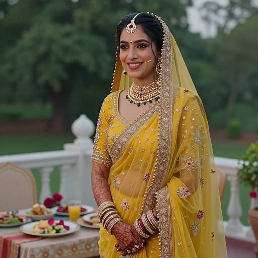 Photograph of a smiling South Asian bride in a yellow embroidered saree, gold jewelry, and henna, standing outdoors near a table with food.