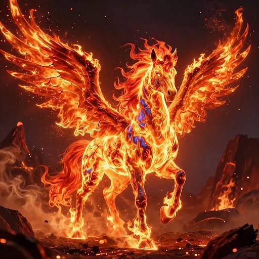 Digital artwork of a fiery, winged horse with flames engulfing its body, standing on a rocky, smoky landscape at night.