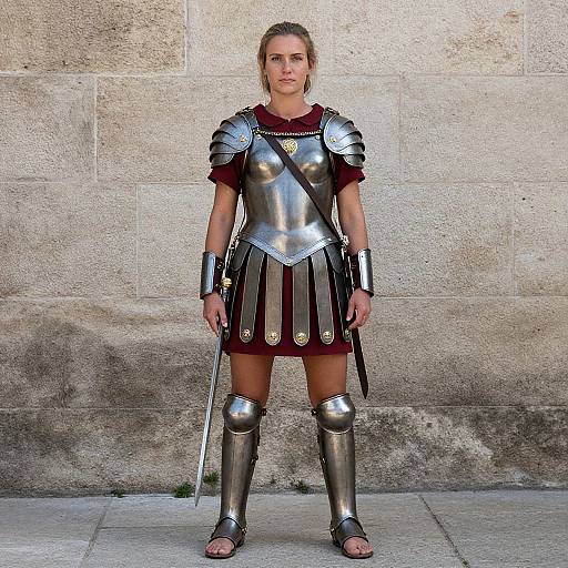 Photograph of a blonde woman in full Roman gladiator armor, standing against a stone wall, with metal shoulder and knee guards, red tunic,