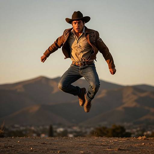 Photograph: Bearded man in brown cowboy hat, leather jacket, and blue jeans jumps mid-air against a mountainous sunset backdrop.