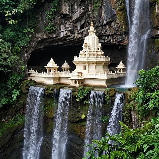 Photograph of a white, ornate temple nestled in a rocky cave, surrounded by multiple cascading waterfalls and lush greenery.