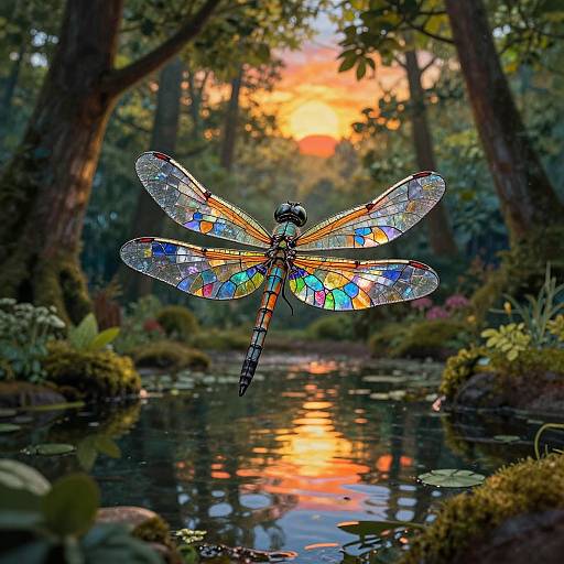 Photograph of a vibrant, multicolored dragonfly with stained glass-like wings, hovering over a reflective pond at sunset in a lush forest.