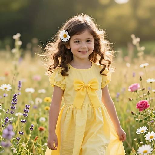 Photograph of a smiling young girl with wavy brown hair, wearing a yellow dress with a bow, adorned with a daisy, standing in a