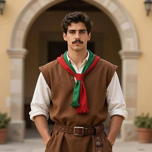 Young Man in Medieval-Style Tunic and Scarf
