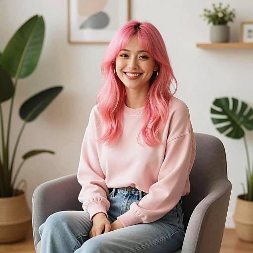 Smiling woman with pink hair in cozy room