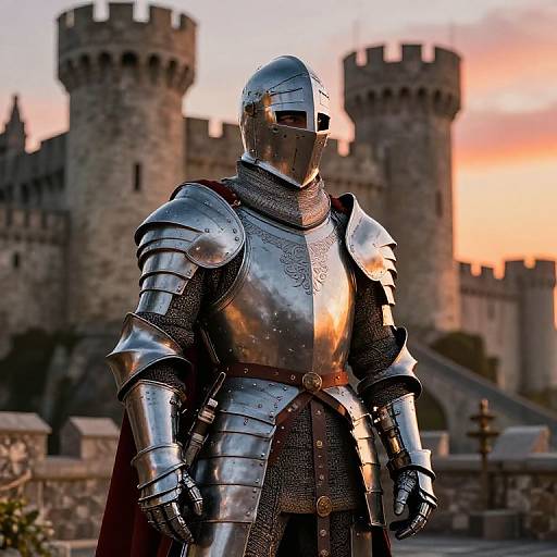 Knight in full steel armor with a visor, standing in front of a medieval castle during a sunset. Photorealistic CGI image.