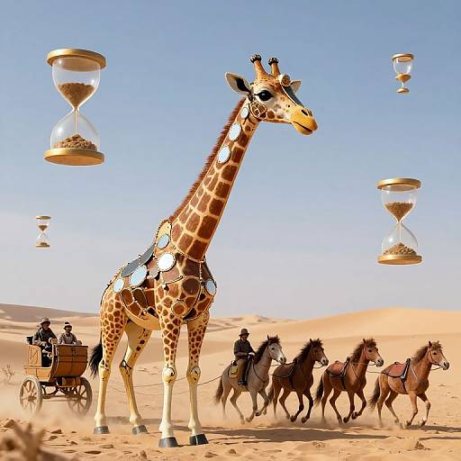 Photograph of a giraffe adorned with clock mechanisms, standing in a desert with four horse riders and floating hourglasses.