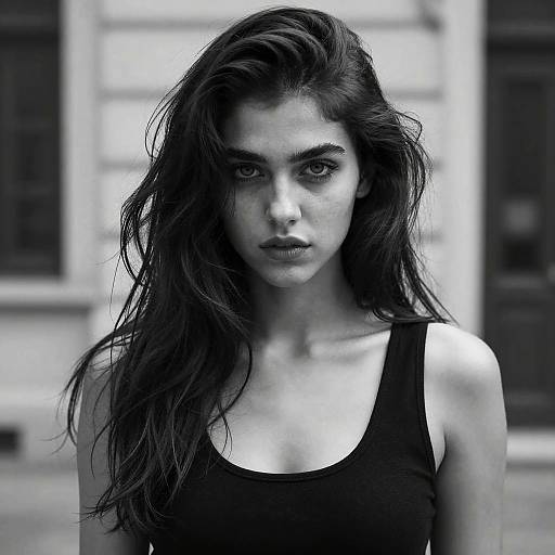 Black-and-white photograph of a serious, dark-haired woman with intense eyes, wearing a simple black tank top, standing in front of a blurred building.