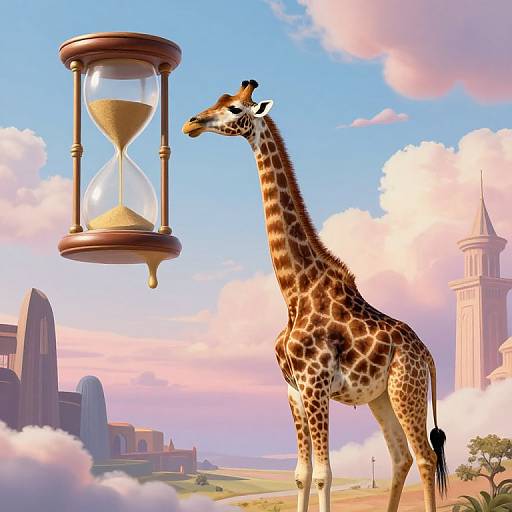 Digital artwork of a giraffe standing in a surreal landscape with a floating hourglass, pink clouds, and futuristic buildings.