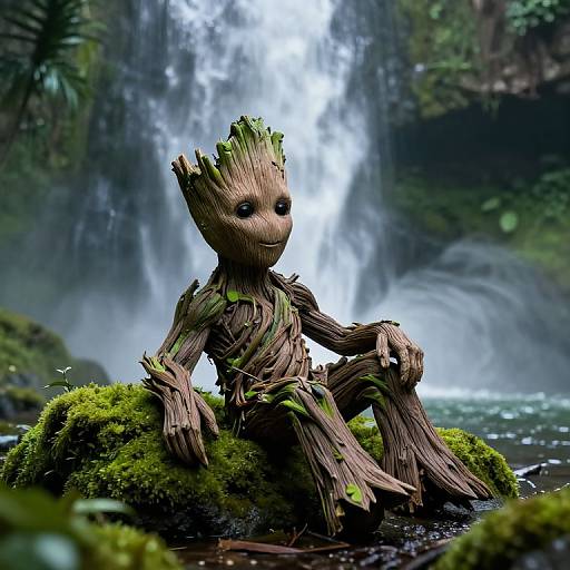Digital artwork of a wooden, moss-covered forest creature with leafy crown, sitting on mossy rock, in front of a cascading waterfall.