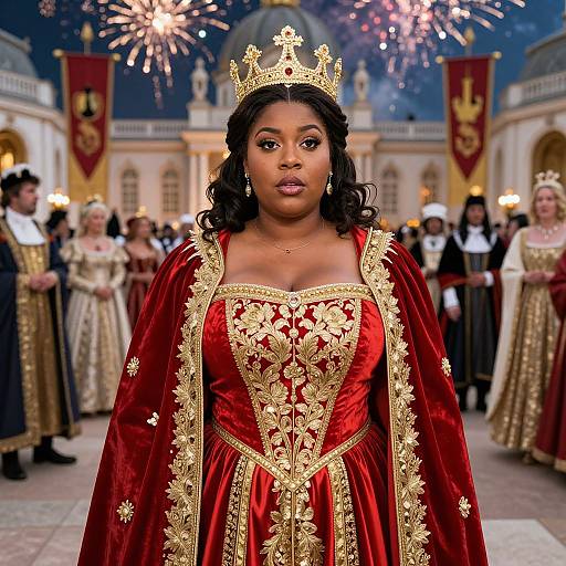 Photograph of a Black woman with dark skin, wearing a gold crown, red and gold ornate gown, standing in a royal ceremony with fireworks in