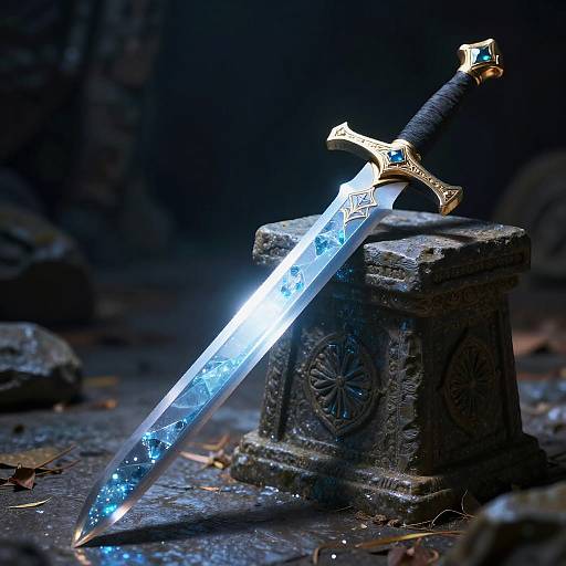 Crystalline Blue Sword on Stone Pedestal