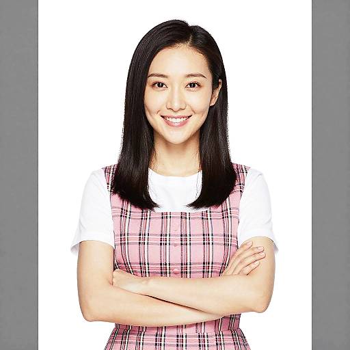 Photograph of an Asian woman with straight black hair, smiling, wearing a pink plaid dress over a white shirt, arms crossed, against a white