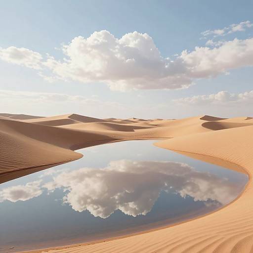 Photograph of a desert landscape with undulating sand dunes, a clear sky, and a reflective water puddle mirroring fluffy white clouds.