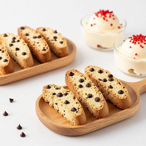 Photograph of chocolate-dotted, golden-brown cookies on wooden trays, alongside white frosting with red sprinkles in glass bowls.