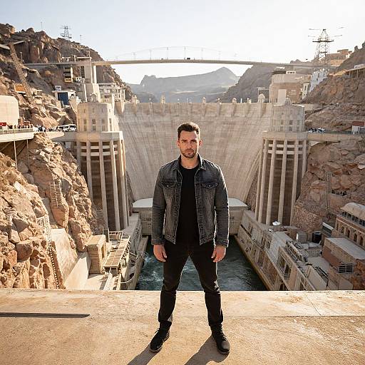 Photograph of a bearded man in a denim jacket standing confidently in front of a large dam with sun rays streaming through, surrounded by rocky hills and