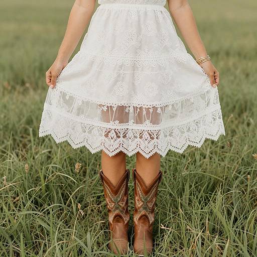 Woman in Lace Dress in Grassy Field