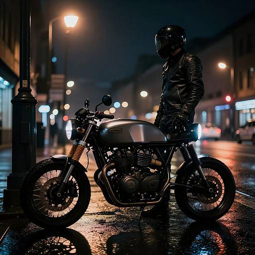 Photograph of a lone motorcyclist in black leather gear and helmet, standing beside a silver motorcycle on a wet, nighttime city street, illuminated by