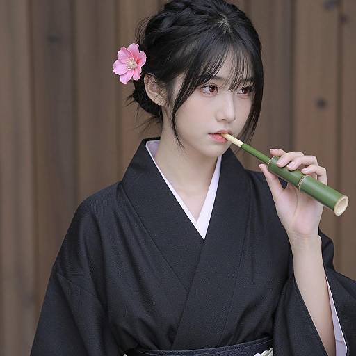 Young Asian Woman in Black Kimono with Bamboo Pipe
