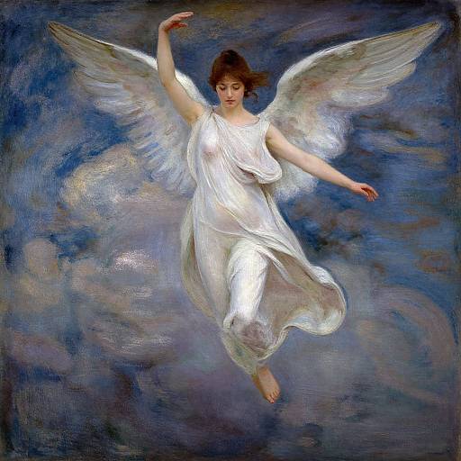 Digital painting of a fair-skinned, brown-haired angel with large, white wings, wearing a flowing, translucent white gown, floating amidst blue and purple