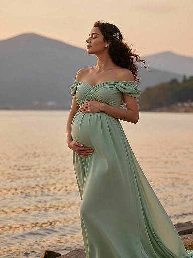 Pregnant Woman in Sage Green Maternity Gown by the Shore