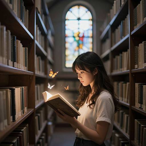 Photograph of a young woman with long brown hair, wearing a white shirt, reading a book surrounded by bookshelves, with butterflies fluttering around