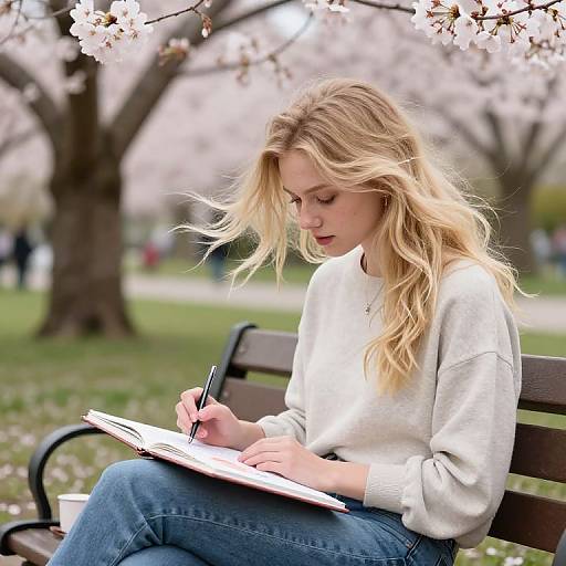 Blonde woman with wavy hair in white sweater and blue jeans writes in notebook on park bench, surrounded by blooming cherry blossoms.