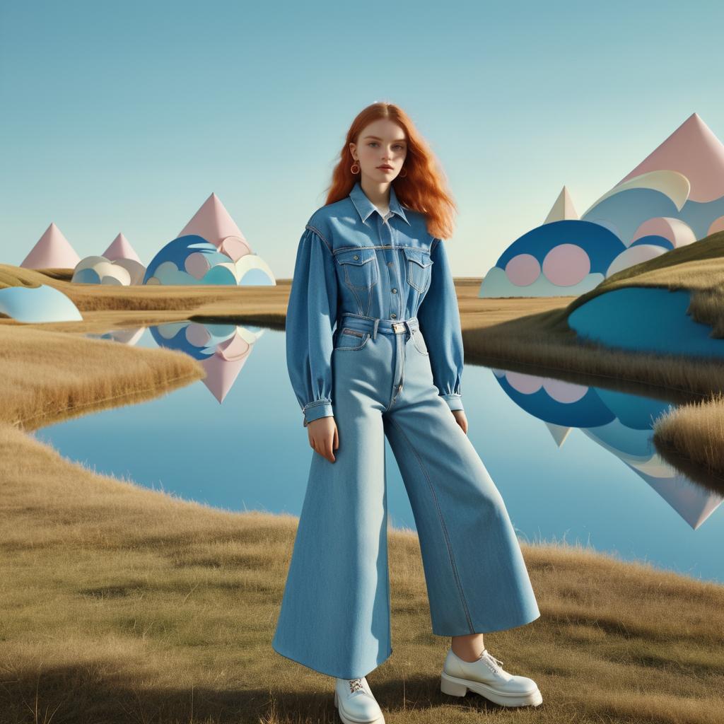 Vintage Denim Fashion in Surreal Landscape