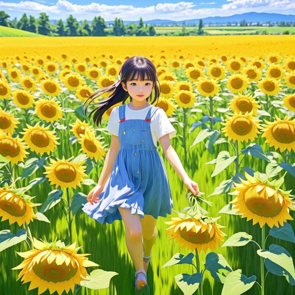 Anime Girl Collecting Sunflowers in Vibrant Field