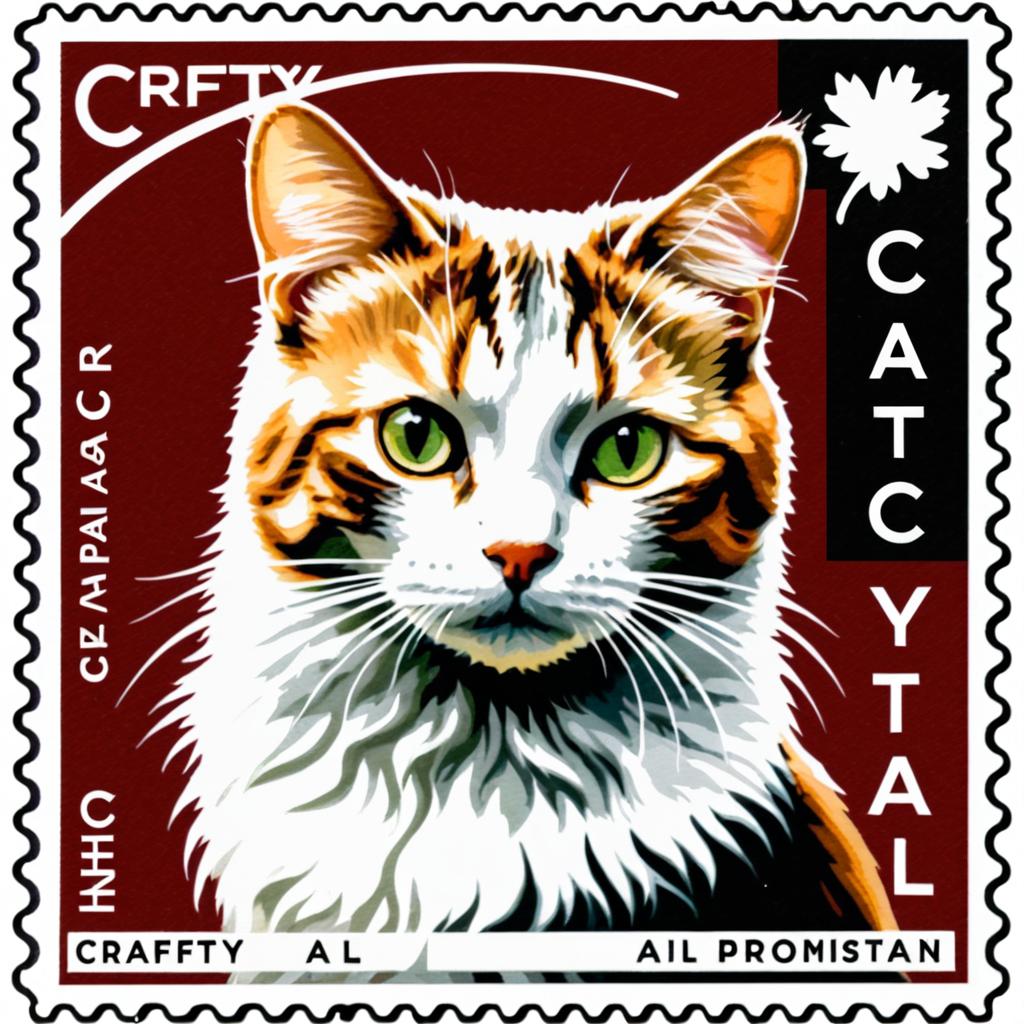 Crafty Cat on Vintage Postage Stamp