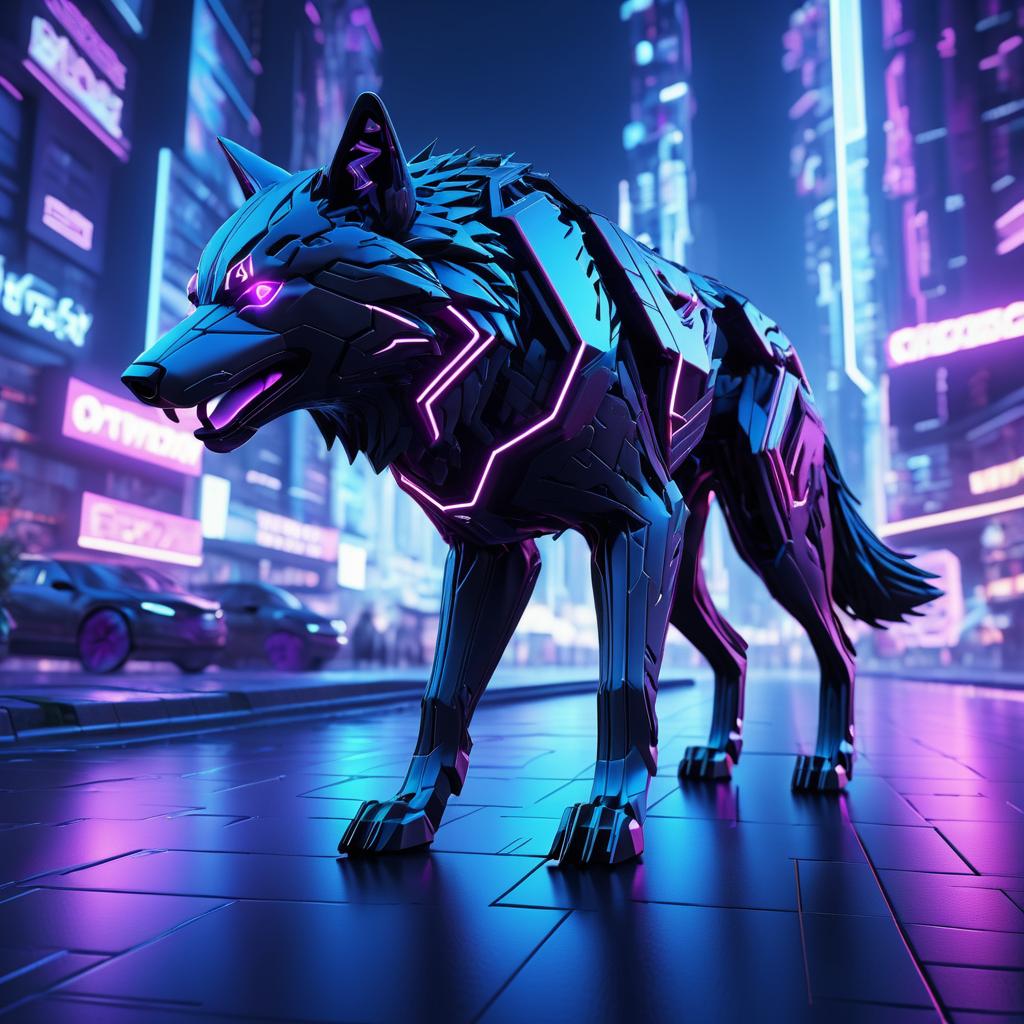 Neon Cybernetic Wolf in Urban Landscape