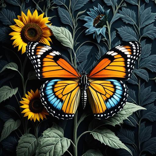 Vibrant Butterfly with Sunflowers and Cyborgs