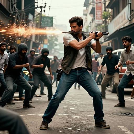 Photograph of a muscular man in white t-shirt and black vest firing a gun, sparking bullets, amidst a group of masked men in a urban street