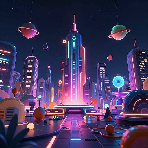 Neon-lit, futuristic cityscape with glowing skyscrapers, floating planets, and vibrant streetlights, illuminated in pink, blue, and purple