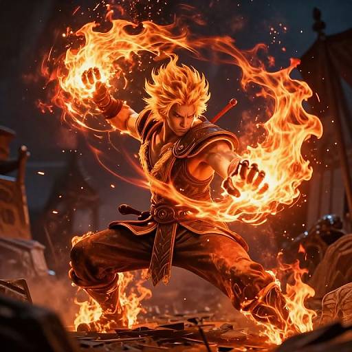 Dynamic digital artwork of a muscular, blonde-haired warrior with fiery hair and eyes, wielding blazing fireballs in a dark, ruined cityscape.