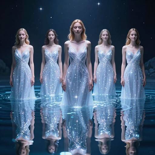 Five Identical Women Emerging From Liquid Starlight