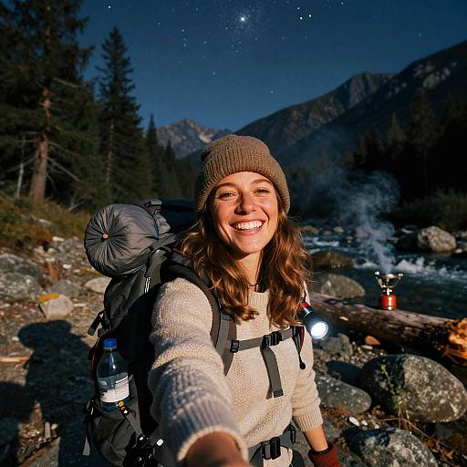 Happy Woman Backpacking at Night in Mountains