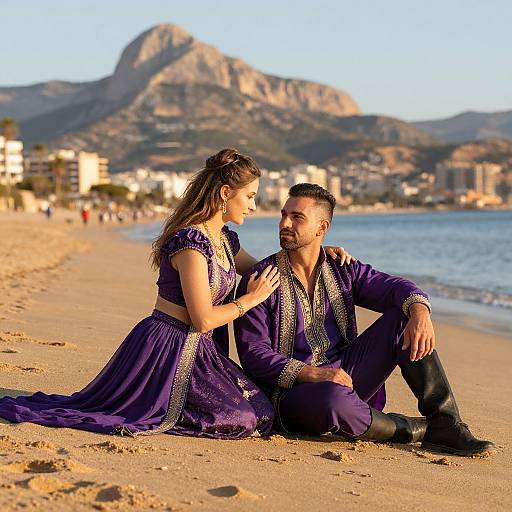 Photograph of a couple in purple traditional attire sitting on a sunlit beach with mountains and coastal cityscape in the background. The woman touches the man