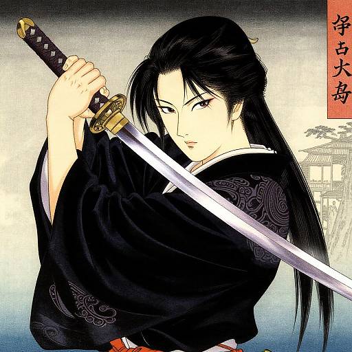 Digital anime-style drawing of a serious, black-haired samurai woman holding a katana, wearing a black kimono with intricate patterns, against a gradient