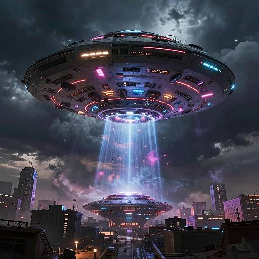 Cyberpunk cityscape with neon-lit UFOs hovering, beams of light descending, dark cloudy sky, futuristic skyscrapers, vibrant colors,