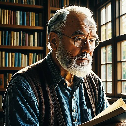 Elderly Man Reading in Sunlit Library