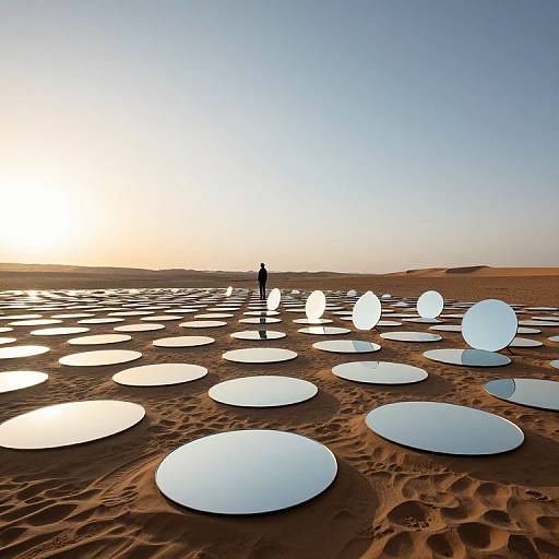 Photograph of a solitary figure standing on a desert landscape with large, glowing, circular mirrors scattered across the sandy terrain.