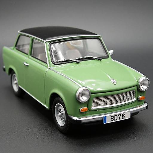 Photograph of a small, green vintage car with a black roof, chrome accents, round headlights, and license plate 