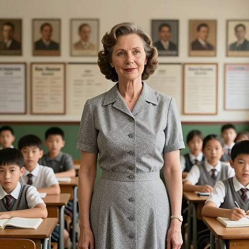 Photograph of an elderly woman with short, wavy brown hair, wearing a gray, short-sleeve button-up dress, standing in a classroom
